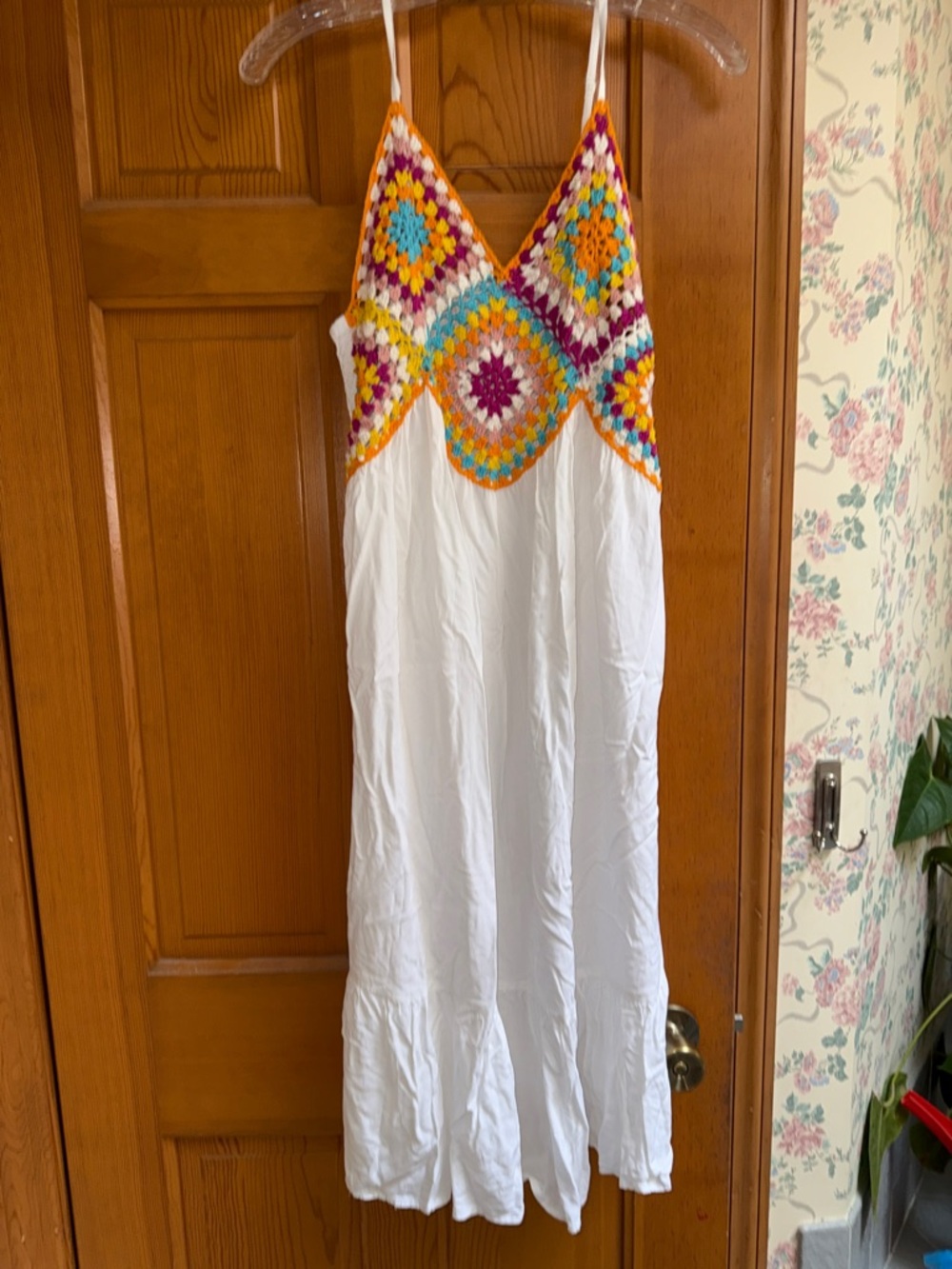 White Maxi Dress with Colorful Crochet Bodice